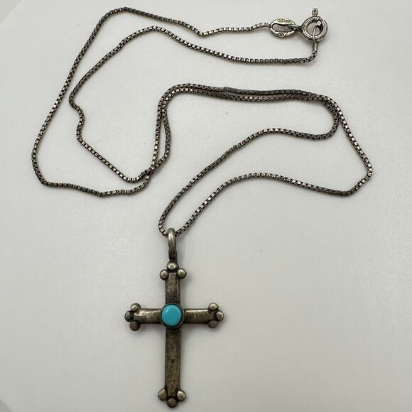 Vintage 925 sterling silver genuine turquoise cross pendant Danecraft necklace - Picture 1 of 10
